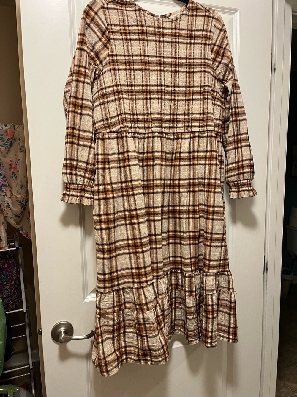Terra & Sky Beige and Brown Plaid Tiered Long Sleeve Midi Dress